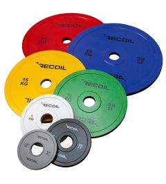Sju viktskivor från recoil med olika färg och vikt