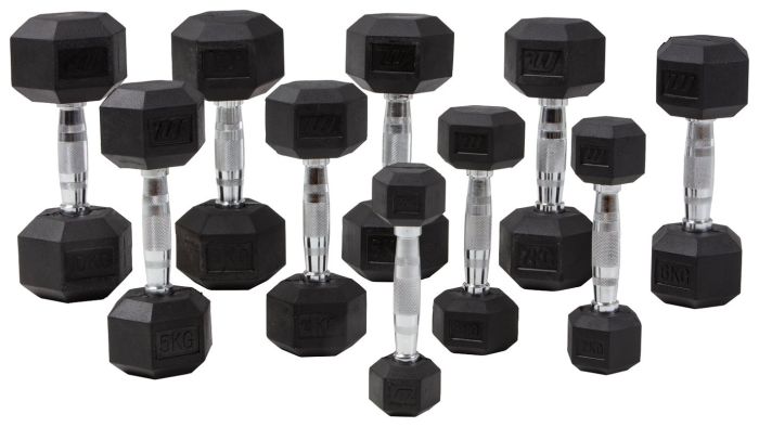 Närbild på Master Fitness hexagonhantlar med tydlig visning av de kromade handtagen.