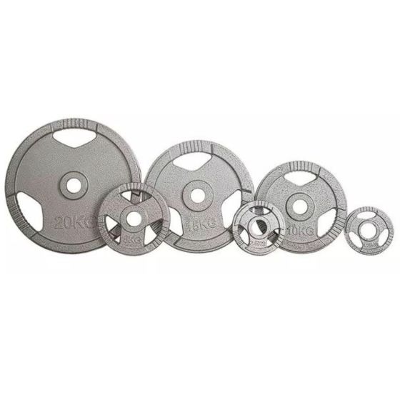 Sex stycken järn viktskivor med olika vikt