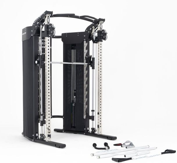 Multismith X22 från Master Fitness sedd framifrån med tillbehör liggandes framför