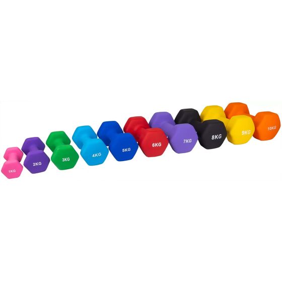 Färgglada neoprenhantlar 1–10 kg i hexagonal design, perfekt för hemmagym och gruppträning.