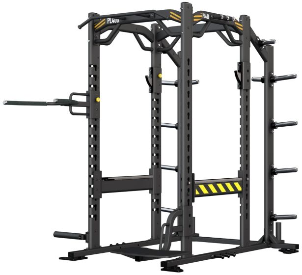 Power Rack med vikthäng från BH Fitness – robust helvy framifrån med klassisk svart och gul design.