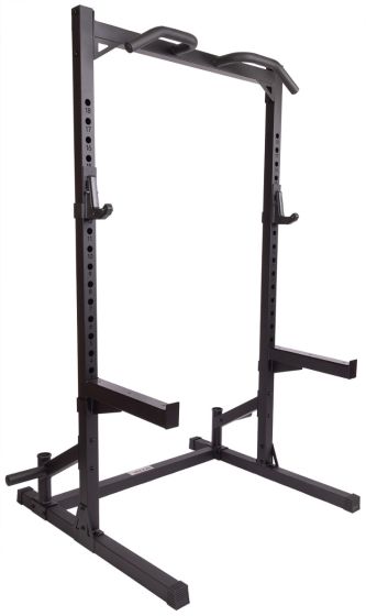 Recoil Half Rack Light – helbild framifrån av svart rack med J-hooks och safetyarmar.