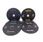 Bumper plates i svart gummi från Recoil – 100 kg set med färgkodade viktskivor