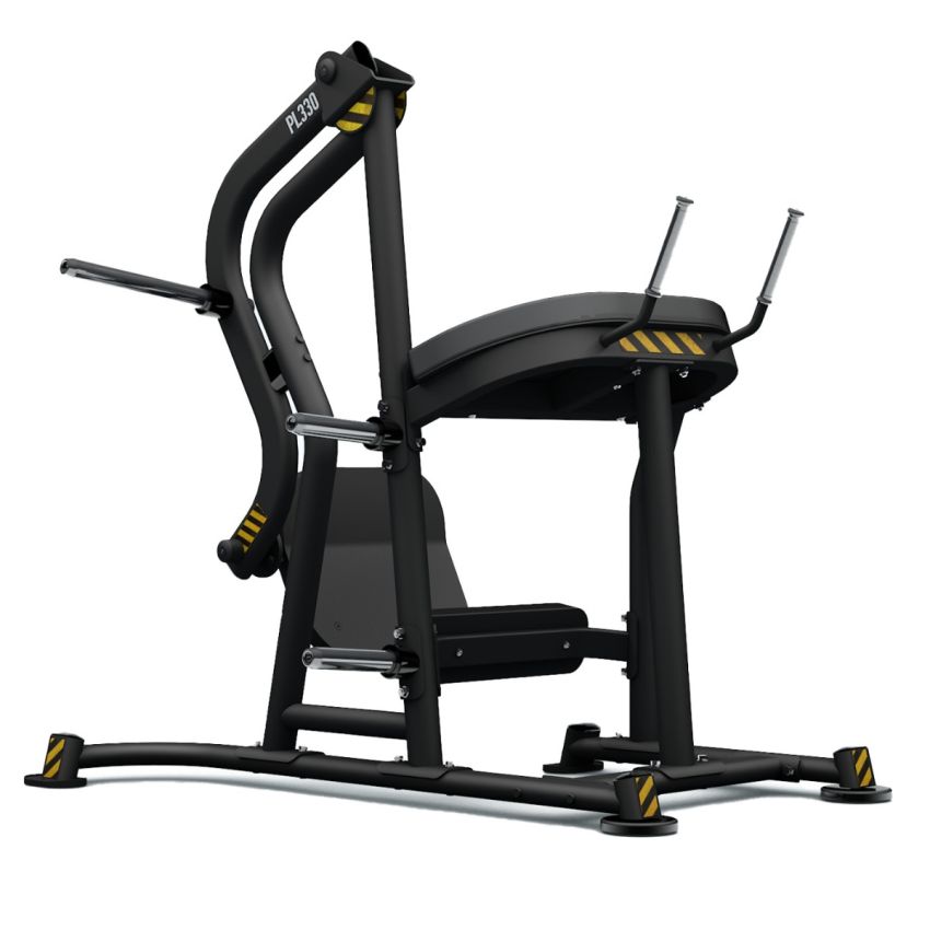Gymmaskin BH Fitness PL330 Rear Kick i svart och gul för kommersiell användning. Fokus på gluteus med stabil fotplattform och justerbara inställningar.