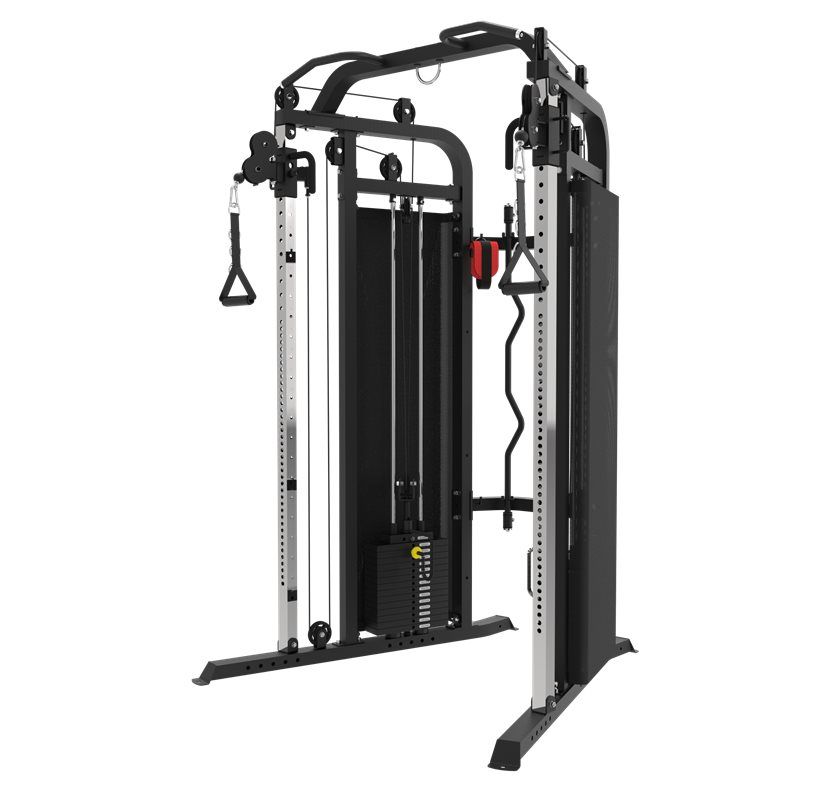 Svart functional trainer från Master sedd snett framifrån med viktmagasin på sidorna och chinsräcke upptill