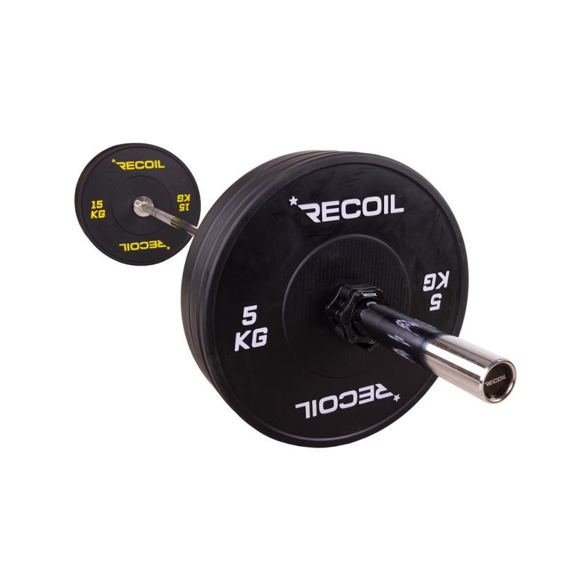 Komplett set med svart 80 kg bumper plates och skivstång från Recoil – för gym och crossfit